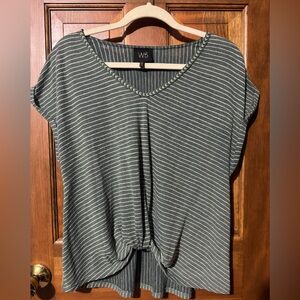 W5 Olive Green Striped Knot-Front V-Neck Tee